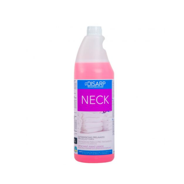 Neck. Disarp. Quitamanchas especial cuellos y puños. Formulado líquido de elevadas prestaciones para la utilización como quitamanchas de uso directo, previo al lavado. Está especialmente indicado para ser utilizado sobre cuellos y puños.