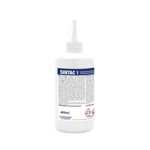 Sintac 1. Quitamanchas tinta. Es un formulado especifico para la eliminación de manchas de tinta, bolígrafo, rotulador, pintura, cera de depilación, laca de uñas, adhesivos, pegamento, grafito, hollín. Con la gama sintac incorporamos quitamanchas específicos de alto grado de eficacia para el lavado de prendas en mojado.